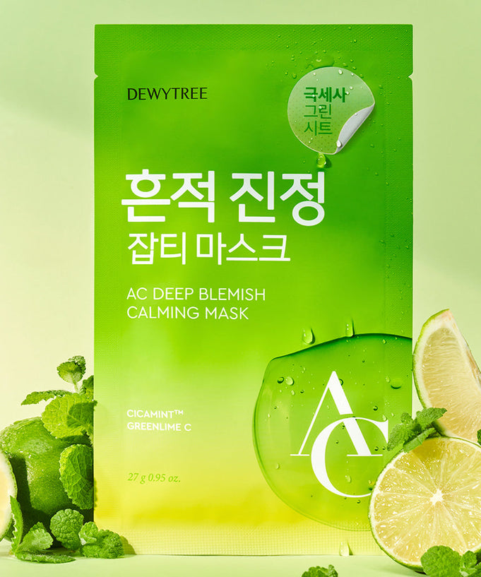 Package of DEWYTREE AC Deep Blemish Calming Mask 10 Sheets with lime and mint decoration.