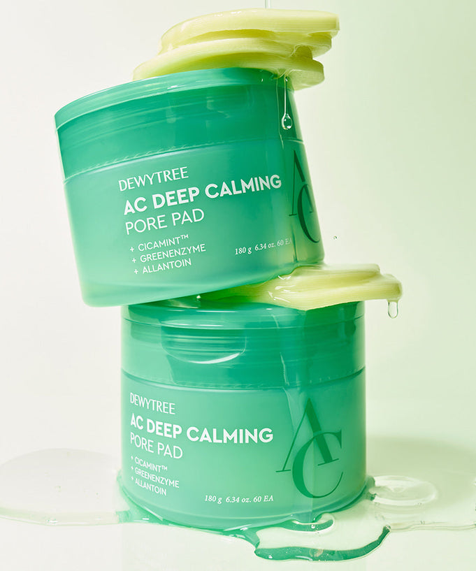 Stacked containers of DEWYTREE AC Deep Calming Pore Pad 60 Pads with green and yellow gradient design.