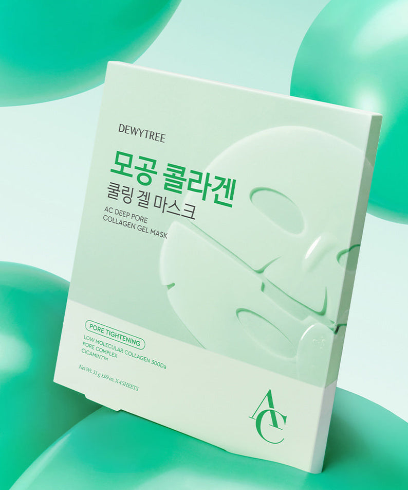 DEWYTREE AC Deep Pore Collagen Gel Mask 4 Sheets product packaging with green background and design elements.