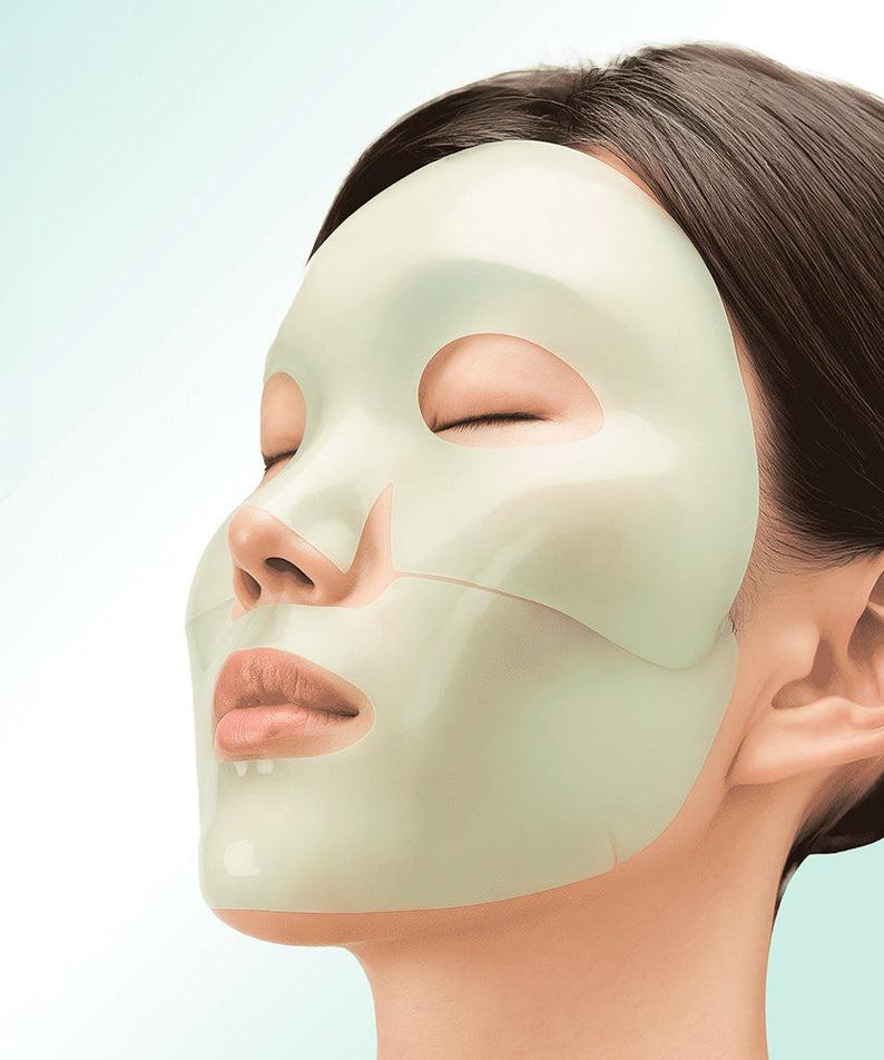Person wearing DEWYTREE AC Deep Pore Collagen Gel Mask 4 Sheets, showcasing skincare benefits and deep pore treatment.