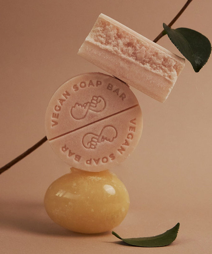 DONGGUBAT Vegan Shampoo Bar Dongbaek displayed on a beige background with green leaves.