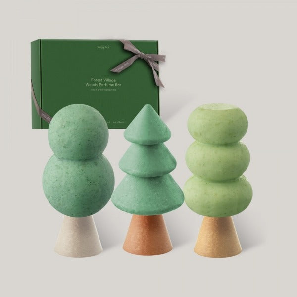 DONGGUBAT Forest Village Woody Perfume Bar Set (Bloom Wood+Herb Wood+Juicy Wood) displayed with packaging and three perfume bars.
