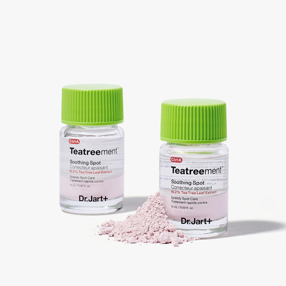DR. JART+ Ctrl-A Teatreement Soothing Spot 15ml, acne treatment bottles with green caps and powder displayed.