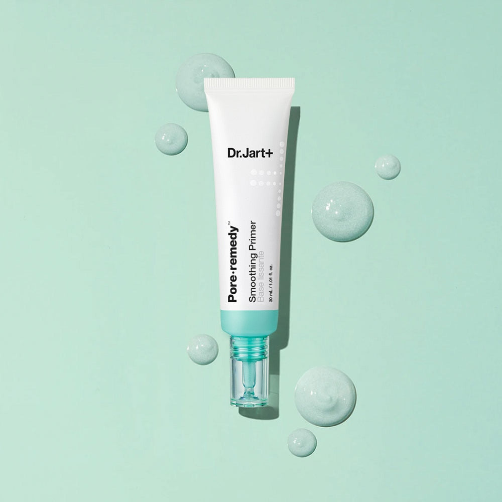 Image of DR. JART+ Pore Remedy Soothing Primer bottle on a light green background with bubbles.