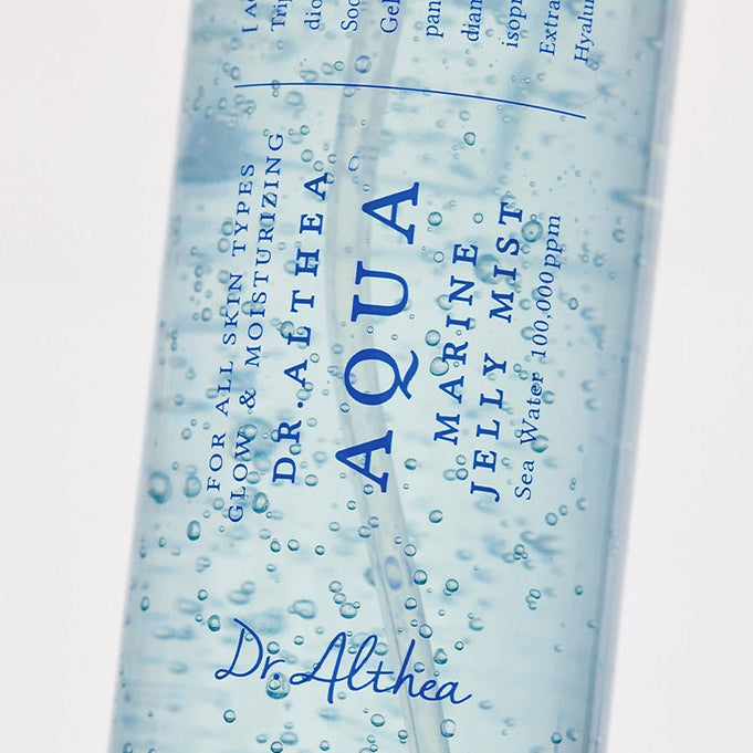 Close-up of DR.ALTHEA Aqua Marine Jelly Mist bottle with hydrating formula for all skin types.