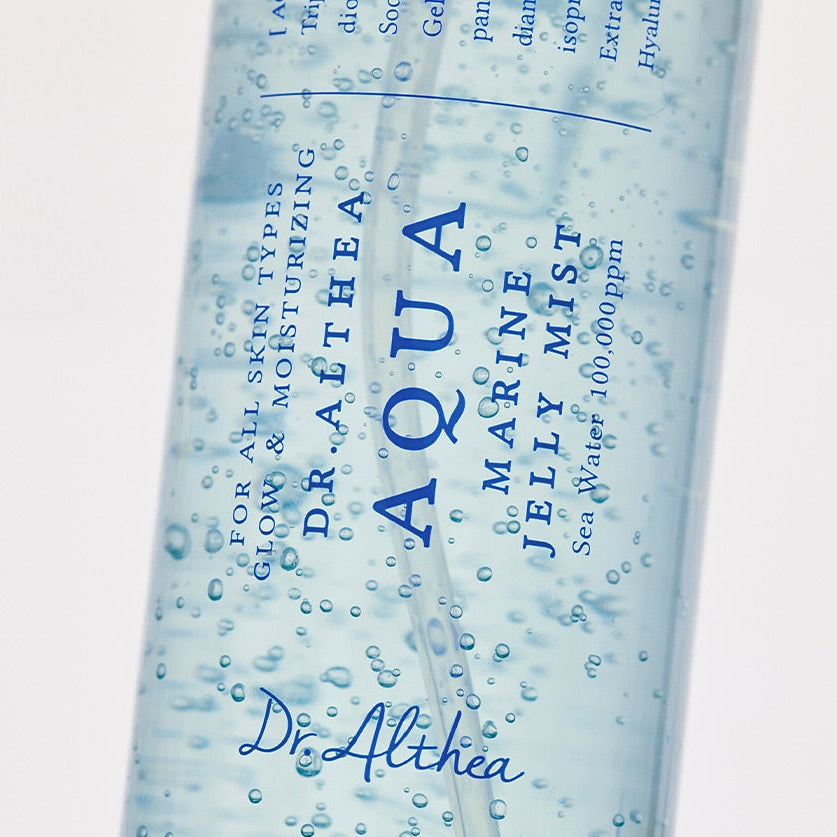 Close-up of DR.ALTHEA Aqua Marine Jelly Mist bottle with hydrating formula for all skin types.