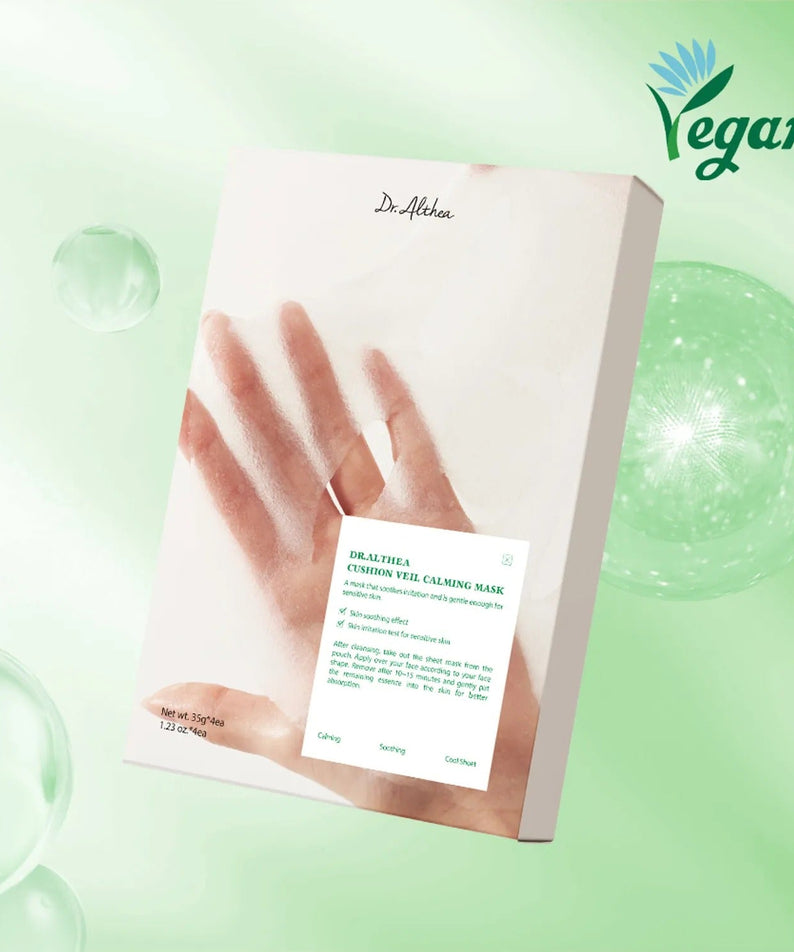 DR.ALTHEA Cushion Veil Calming Mask (4ea) vegan skincare packaging with hand illustration on green background