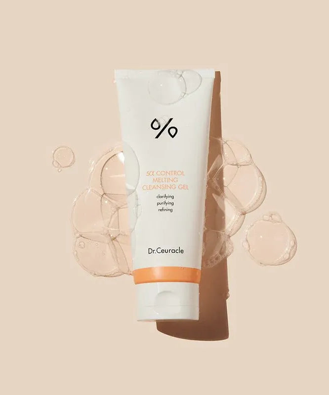DR.CEURACLE 5 Alpha Control Melting Cleansing Gel 150ml with bubbles on beige background