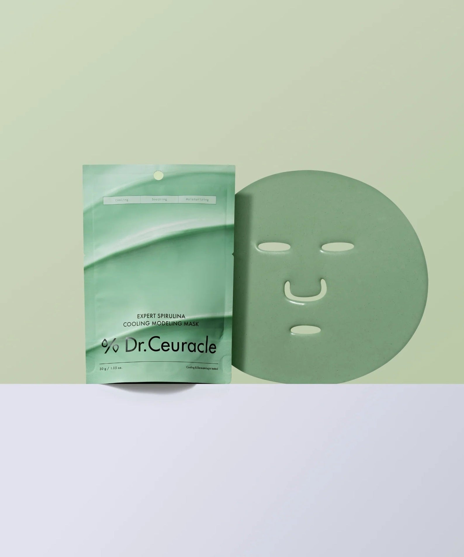 DR.CEURACLE Expert Spirulina Cooling Modeling Mask 30g packaging and mask shown on a light background