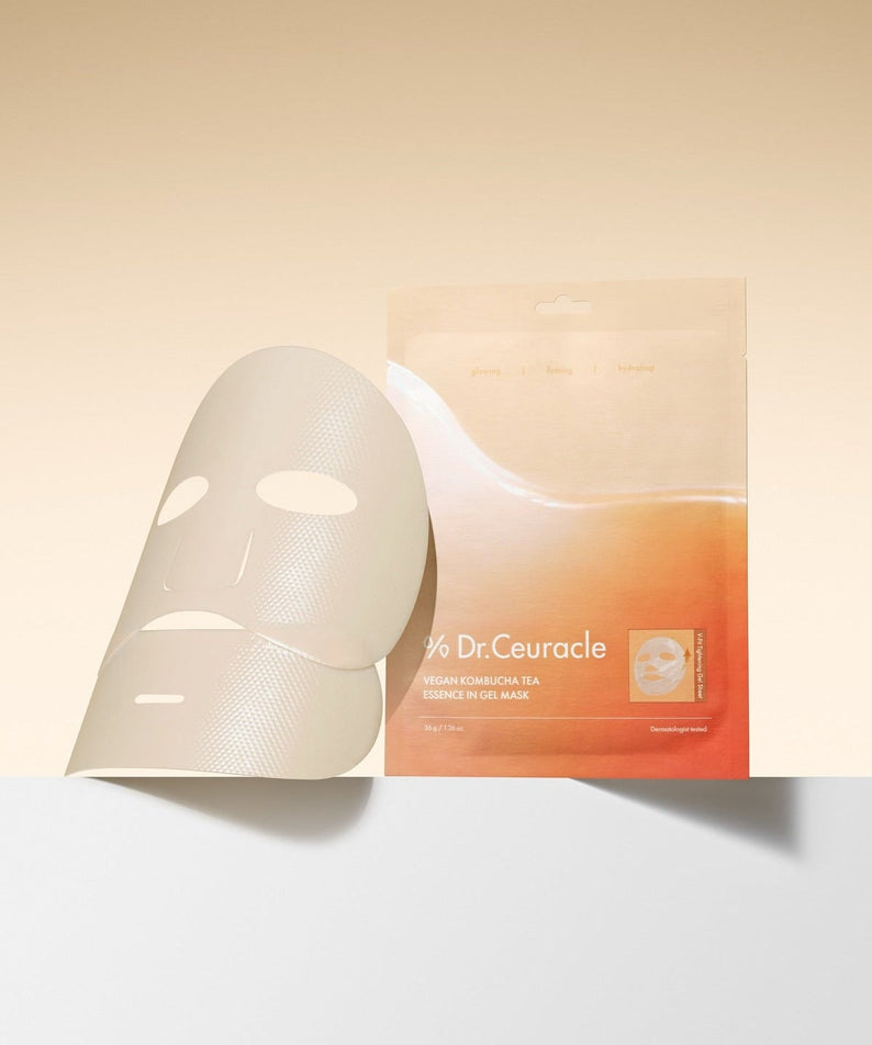 DR.CEURACLE Vegan Kombucha Tea Essence-in-Gel Mask featured next to its packaging against a minimalist background.