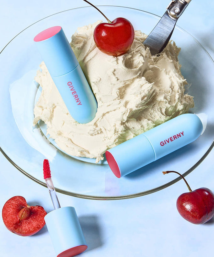 GIVERNY Fluffy Sheer Tint 3.5g with cherries and cream-like texture on a plate