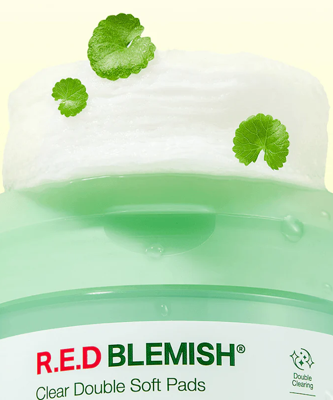 DR.G Red Blemish Clear Double Soft Pads 60 Sheets displayed with a focus on the texture of the soft pads and green leafy accents
