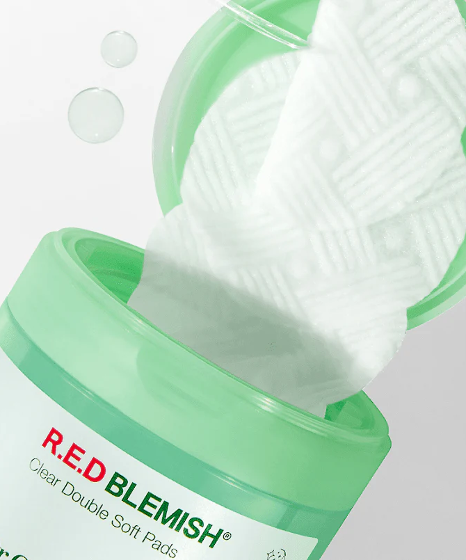 DR.G Red Blemish Clear Double Soft Pads 60 Sheets in green container with open lid and texture detail