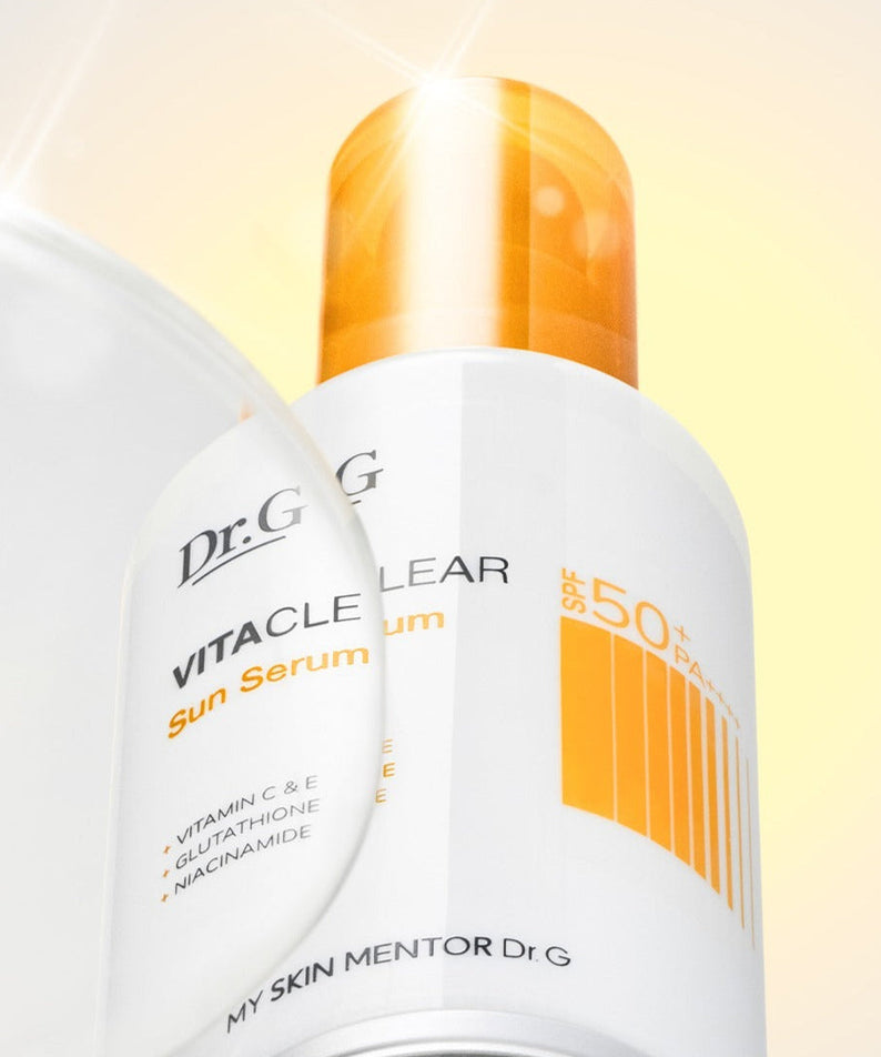 DR.G Vita Clear Sun Serum 50ml with SPF 50, displayed against a glowing background, highlighting its protective skincare benefits.
