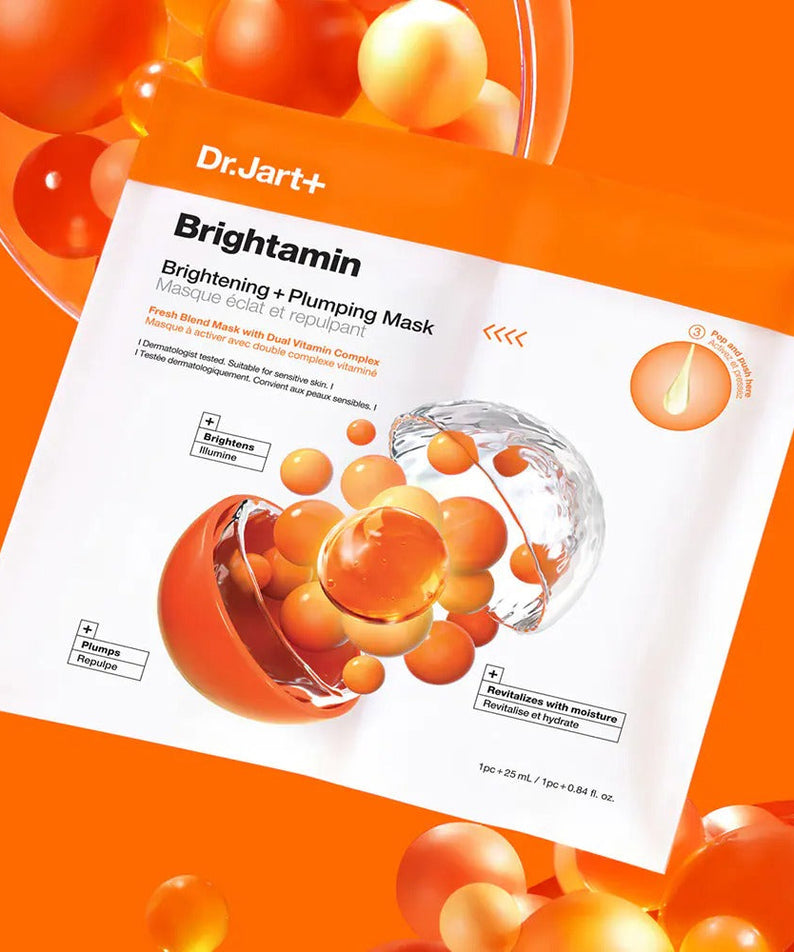 DR.JART+ Brightamine Brightening Plumping Mask 5 sheets packaging with orange spheres on an orange background.