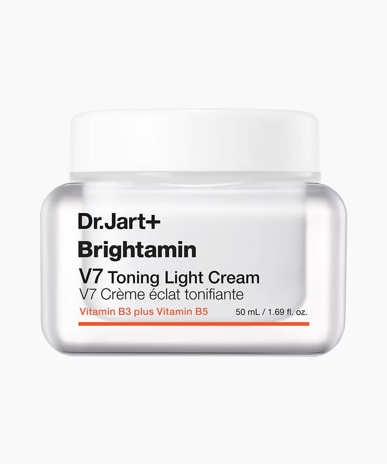 Image of DR.JART+ Brightamine V7 Toning Light Cream jar, featuring Vitamin B3 and B5, 50ml size on white background.