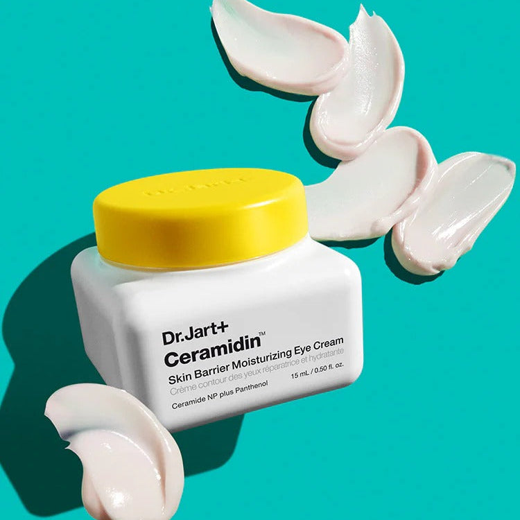 DR.JART+ Ceramidin Skin Barrier Moisturizing Eye Cream 15ml jar with swatches on a teal background