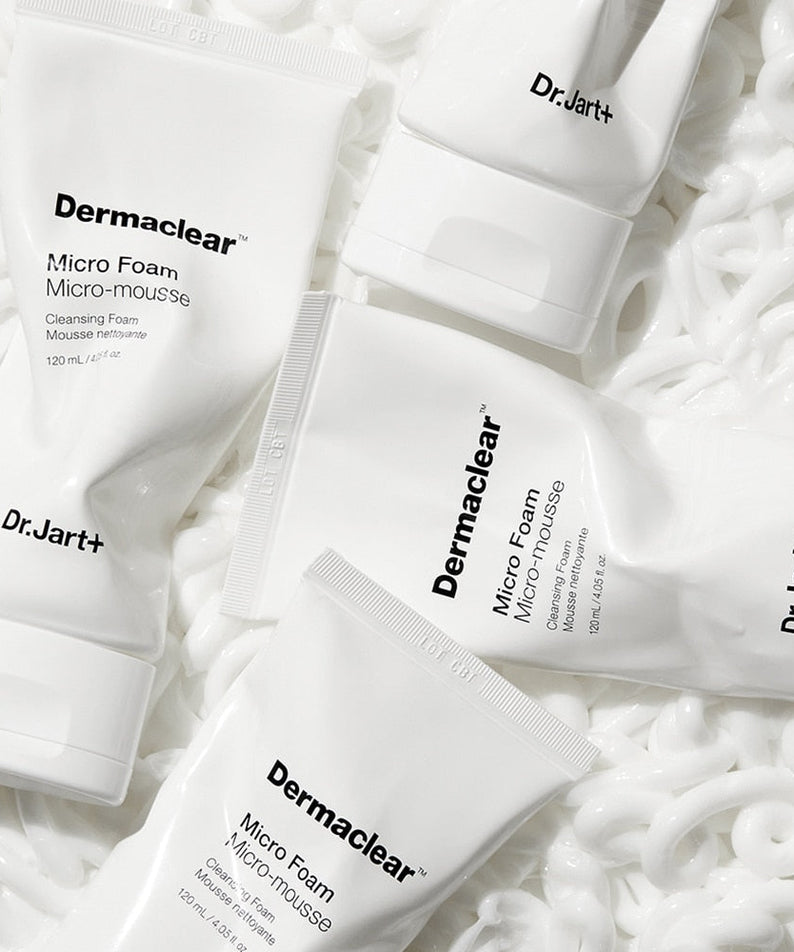 DR.JART+ DermaClear Micro Foam 120ml tubes displayed on a textured white background