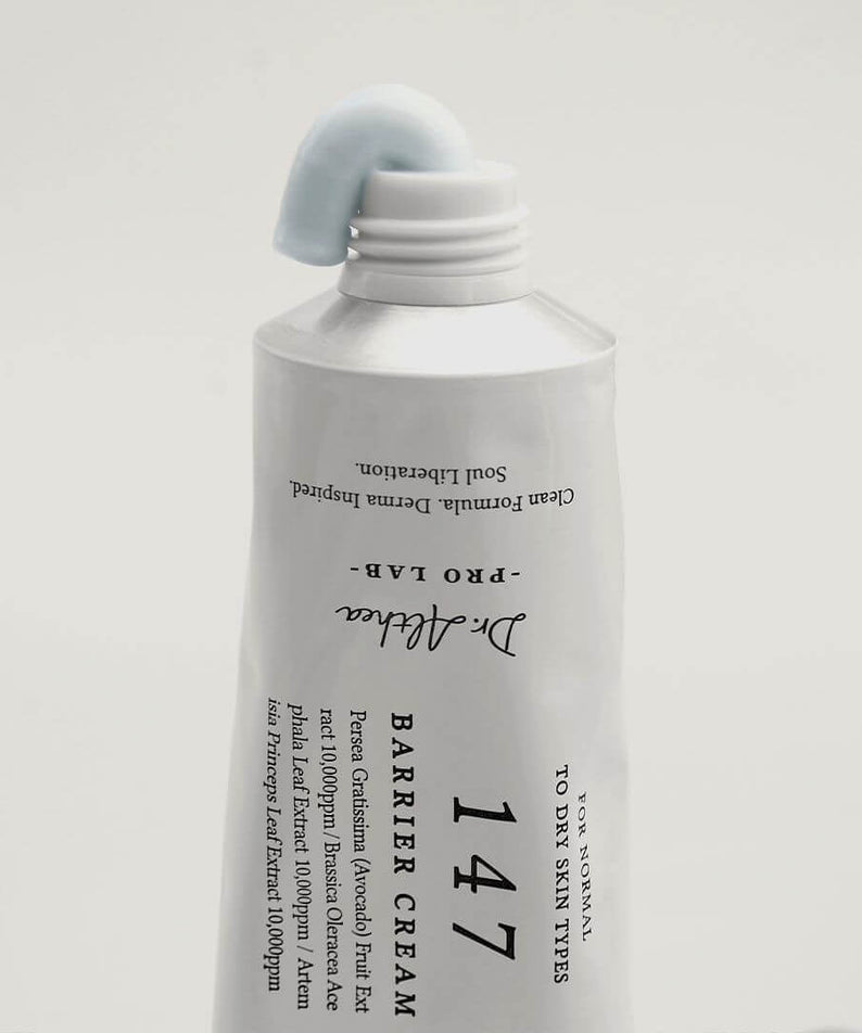 DR.ALTHEA 147 Barrier Cream 50ml tube opened to reveal product ready for application, ideal for all skin types.