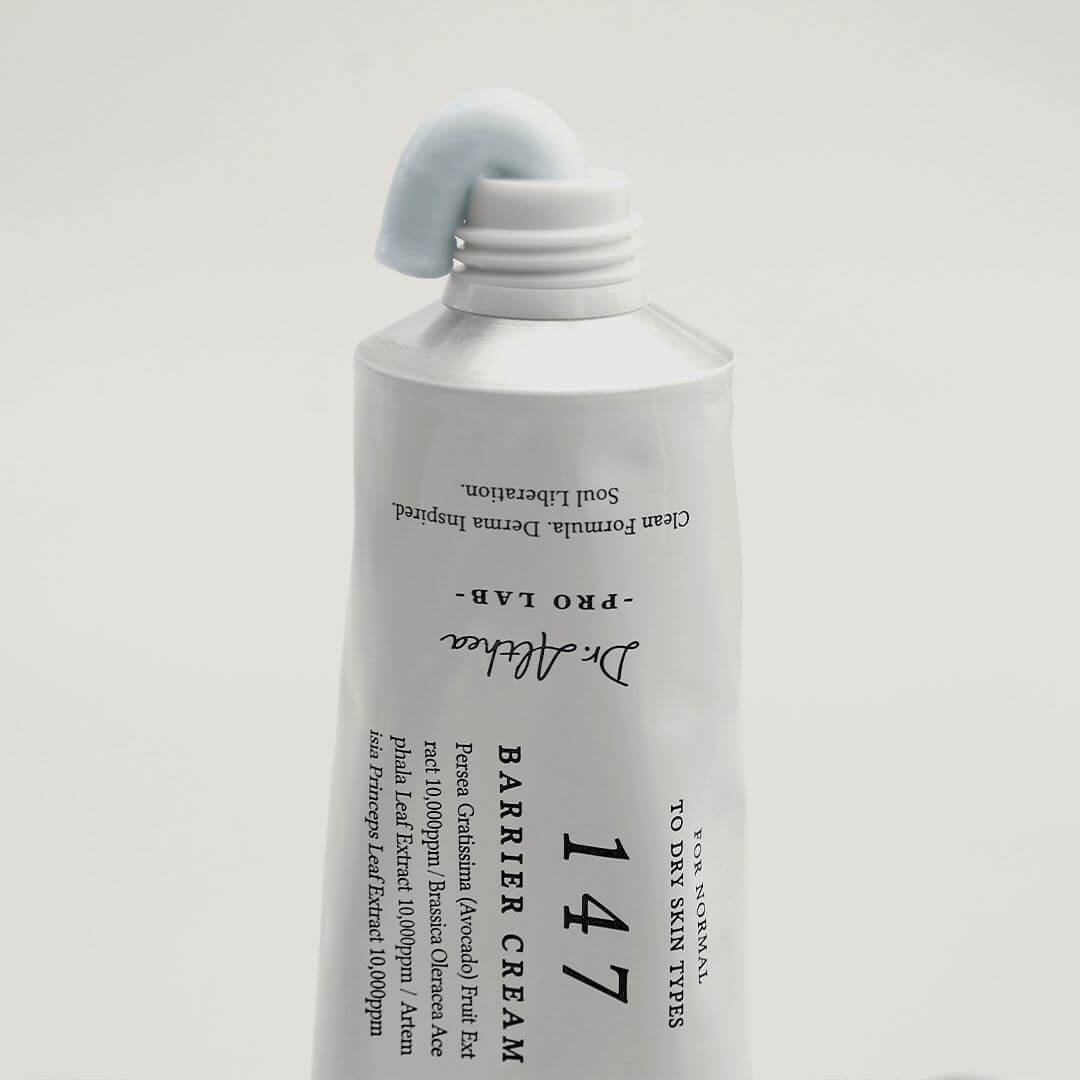 DR.ALTHEA 147 Barrier Cream 50ml tube opened to reveal product ready for application, ideal for all skin types.