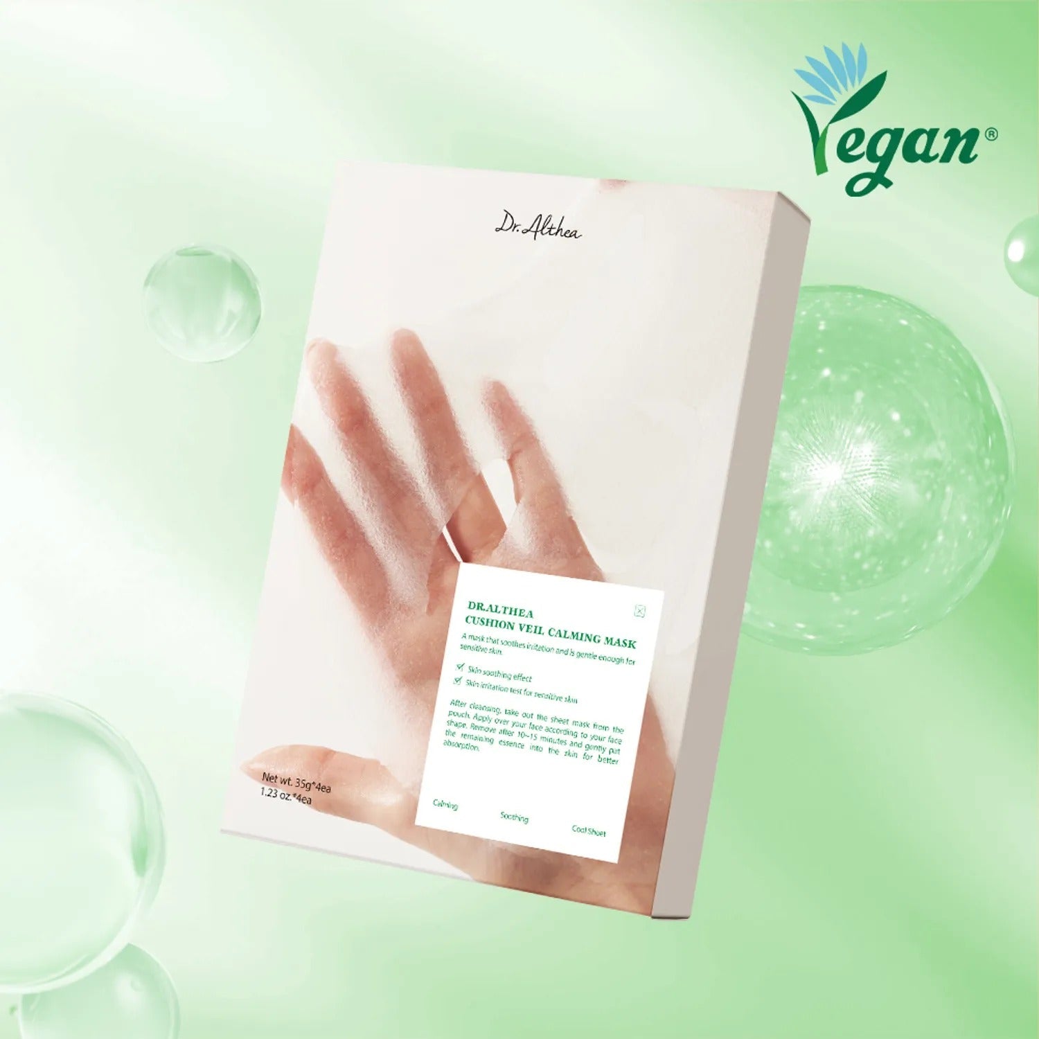 DR.ALTHEA Cushion Veil Calming Mask (4ea) vegan skincare packaging with hand illustration on green background
