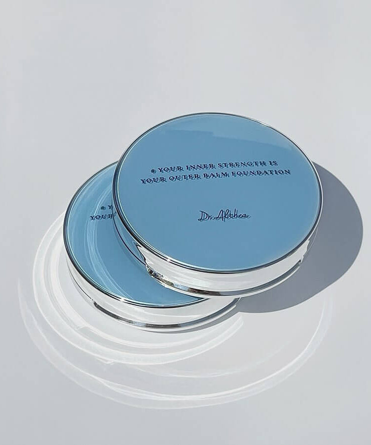 DR.ALTHEA Double Serum Night Foundation 12g compact with motivational quote on blue lid, elegant silver edging.