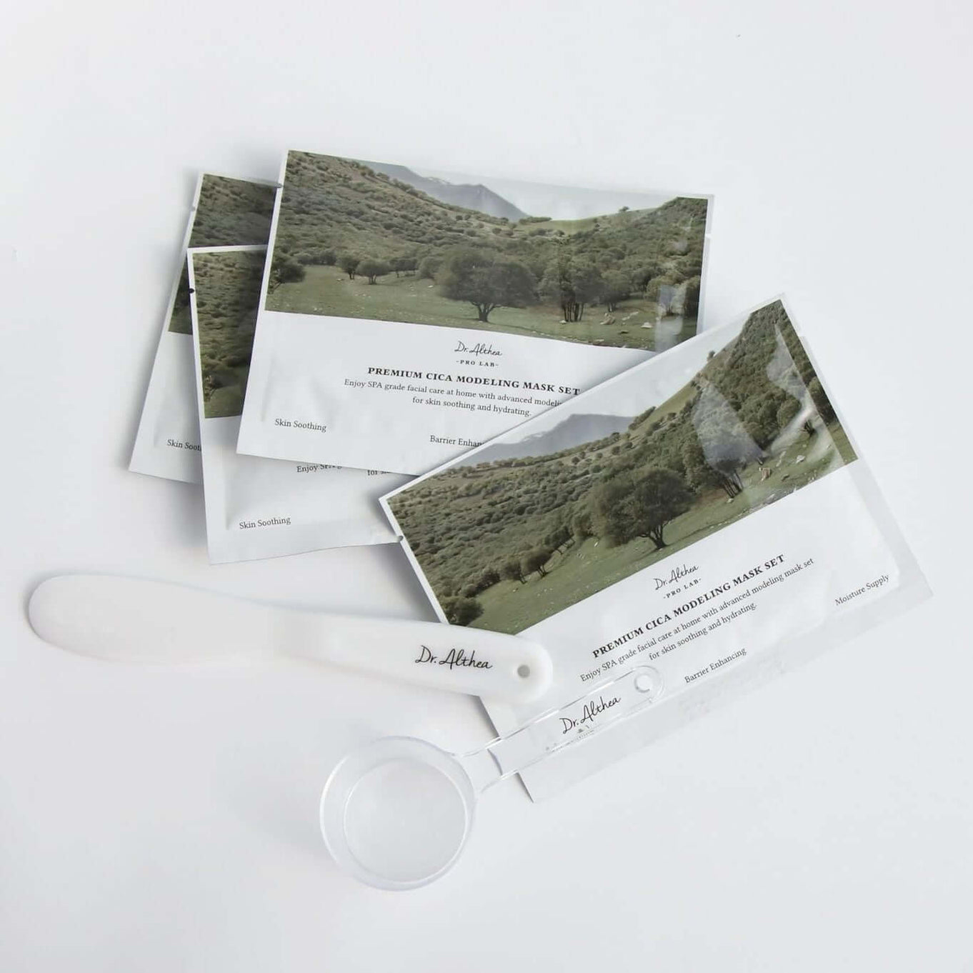 DR.ALTHEA Premium Cica Modeling Mask Set (5ea) displayed with spatula and mixing bowl.