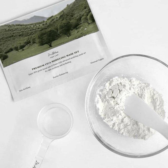 DR.ALTHEA Premium Cica Modeling Mask Set (5ea) with powder and mixing bowl, perfect for soothing and hydrating skin.