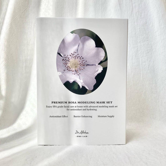 Image of DR.ALTHEA Premium Rosa Modeling Mask Set (5ea) 25g packaging with floral design; promoting antioxidant effect and moisture supply.