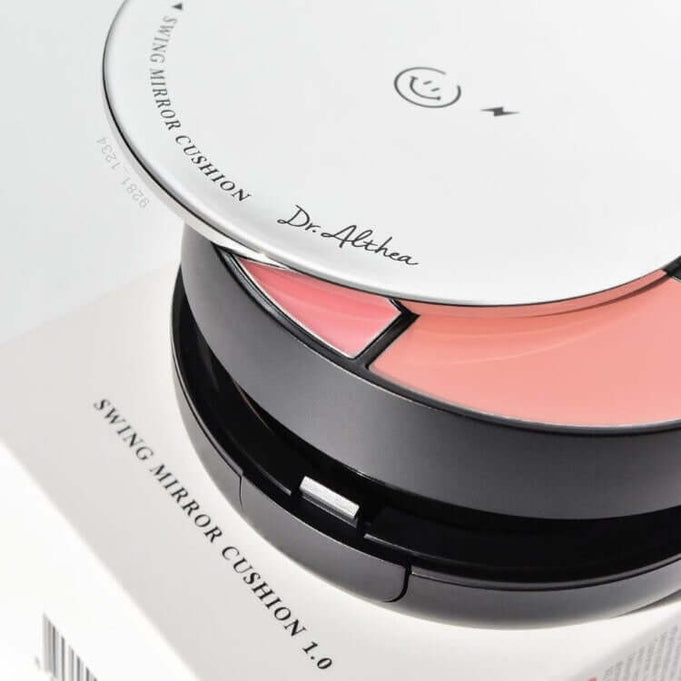 DR.ALTHEA Swing Mirror Cushion (Cushion+Lip+Cheek) 15g in elegant packaging, highlighting multifunctional design.