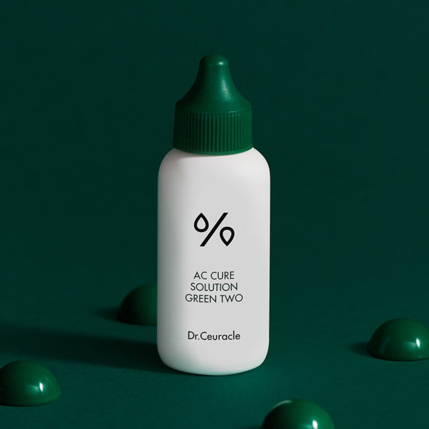 DR.CEURACLE AC Cure Solution Green Two 50ml bottle on dark green background