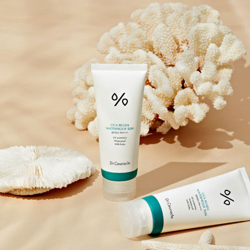 DR.CEURACLE Cica Regen Waterproof Sun SPF50 PA++++ 100ml with coral backdrop