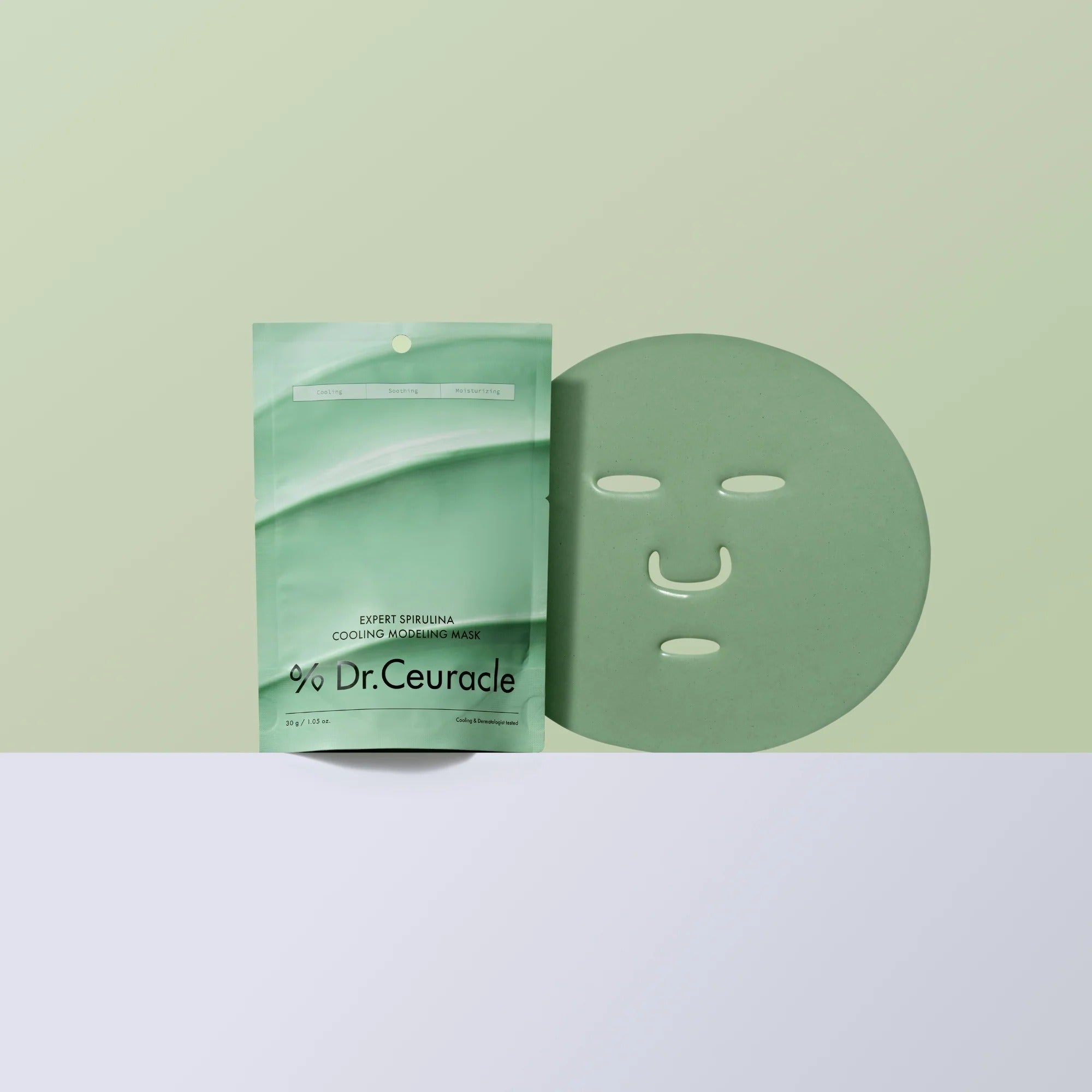 DR.CEURACLE Expert Spirulina Cooling Modeling Mask 30g packaging and mask shown on a light background