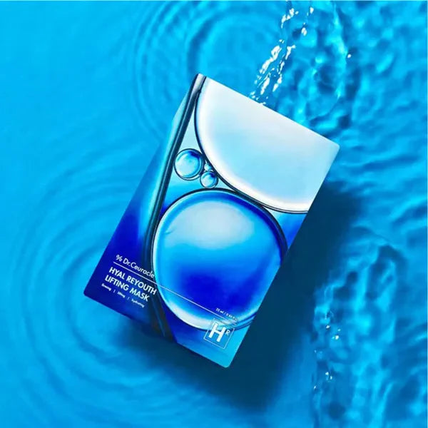 DR.CEURACLE Hyal Reuse Lifting Mask (10EA) product packaging on a blue water background