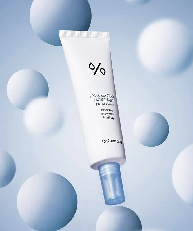 DR.CEURACLE Hyal Reyutsu Moist Sun SPF50+,PA++++ sunblock with floating spheres background