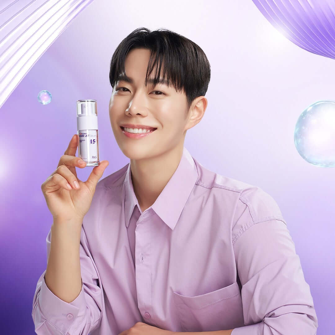 Person holding DR.G Bakuchiol Porejet Serum with pastel background for skincare campaign.
