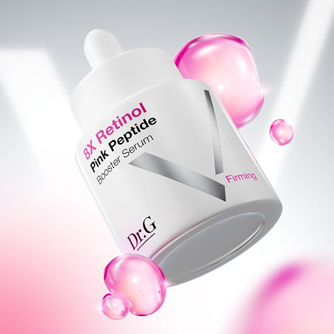 DR.G Leti Booster Firming Serum 30ml with 8x Retinol and Pink Peptide for enhanced skin firmness displayed with pink droplets.