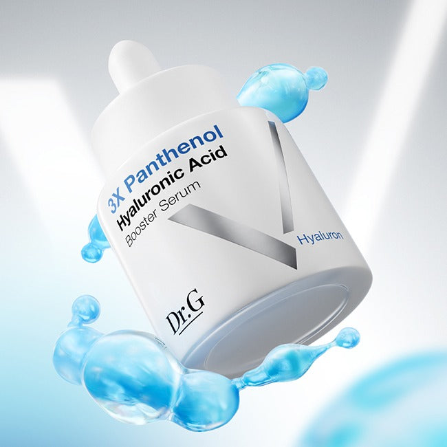 Bottle of DR.G Panthenol Booster Hyaluronic Serum 30ml with splashes of water emphasizing hydration benefits.