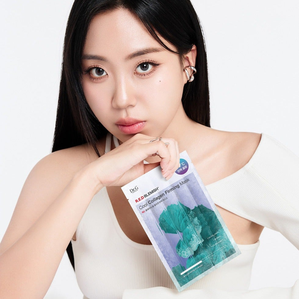 Woman holding DR.G Red Blemish Cool Collagen Elasticity Mask 10 Sheets package, displaying skincare product