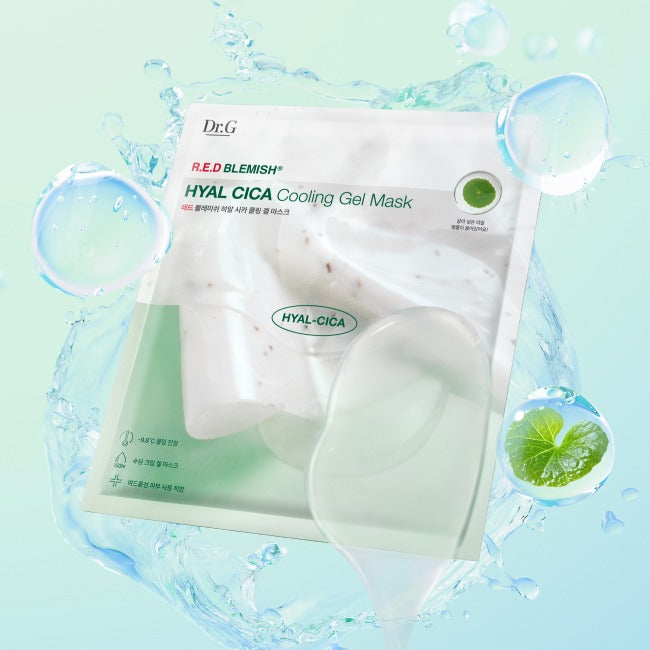 DR.G Red Blemish Hyal Cica Cooling Gel Mask 1 Sheets packaging with droplets and mint leaves