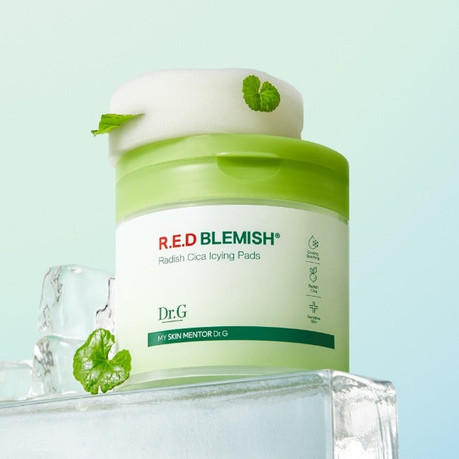 DR.G Red Blemish Turnip Cica Icying Pads 60 Sheets on ice with mint leaves