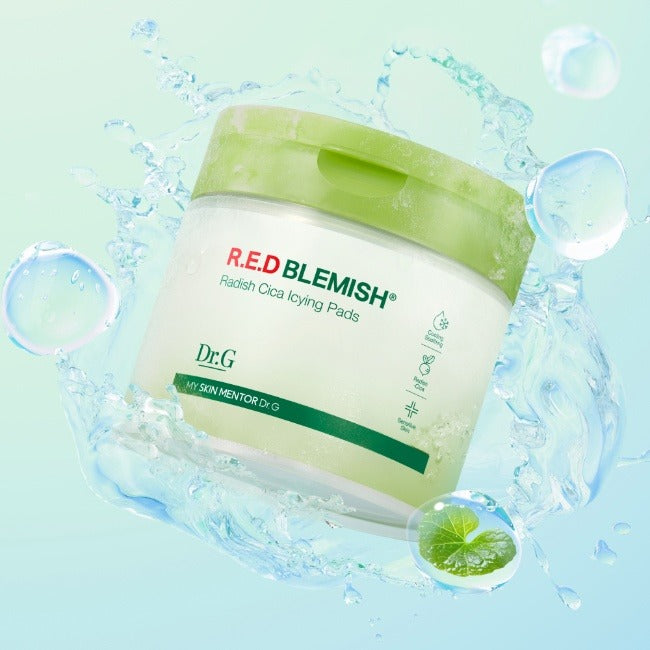 DR.G Red Blemish Turnip Cica Icying Pads 60 Sheets product packaging with splashing water and green lid.