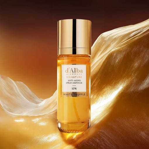 D'ALBA Signature Anti-Aging Mist Serum 12% 60ml with luxurious golden background highlighting the skincare bottle.