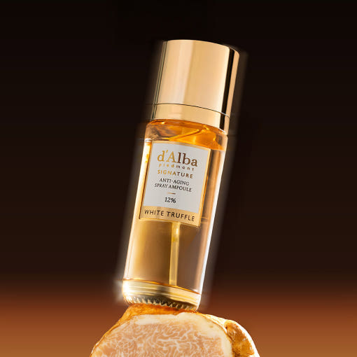 D'ALBA Signature Anti-Aging Mist Serum 12% 60ml bottle with white truffle extract displayed on golden backdrop