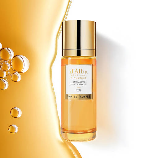 D'ALBA Signature Anti-Aging Mist Serum 12% 60ml bottle with golden liquid background and bubbles, showcasing luxury skincare.