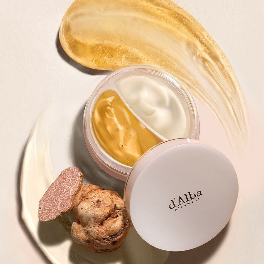D'ALBA Vegan Double Cream Single 70g in open jar with dual cream textures and truffle garnish.