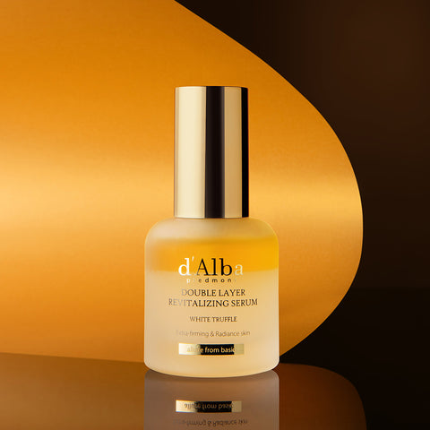 D'ALBA Vegan Double Serum 30ml displayed against a golden background