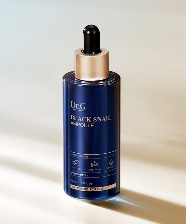 Dr.G Black Snail Ampoule 50ml - Anti-aging and brightening snail secretion skincare, 50ml bottle on neutral background