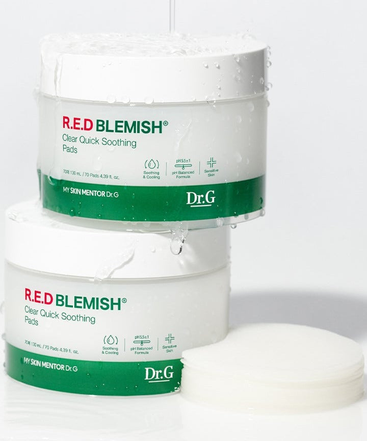 Dr.G Red Blemish Clear Quick Soothing Pads 130ml containers with pads displayed
