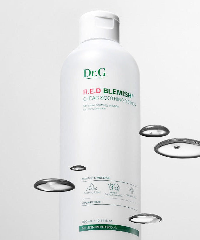 Dr.G Red Blemish Clear Soothing Toner bottle with clear liquid droplets